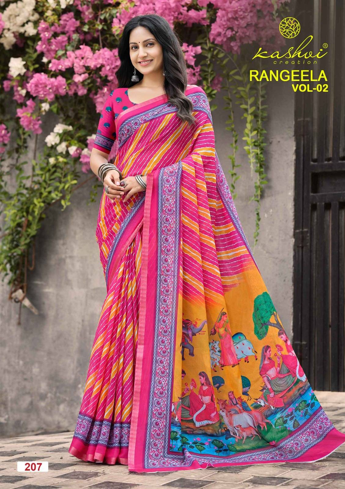RANGEELA VOL- 2 By KASHVI CREATION 201 To 208 Series  Indian Traditional Wear Collection Beautiful Stylish Fancy Colorful Casuals Wear DULL MOSS KASAB BORDER Sarees At Wholesale Price